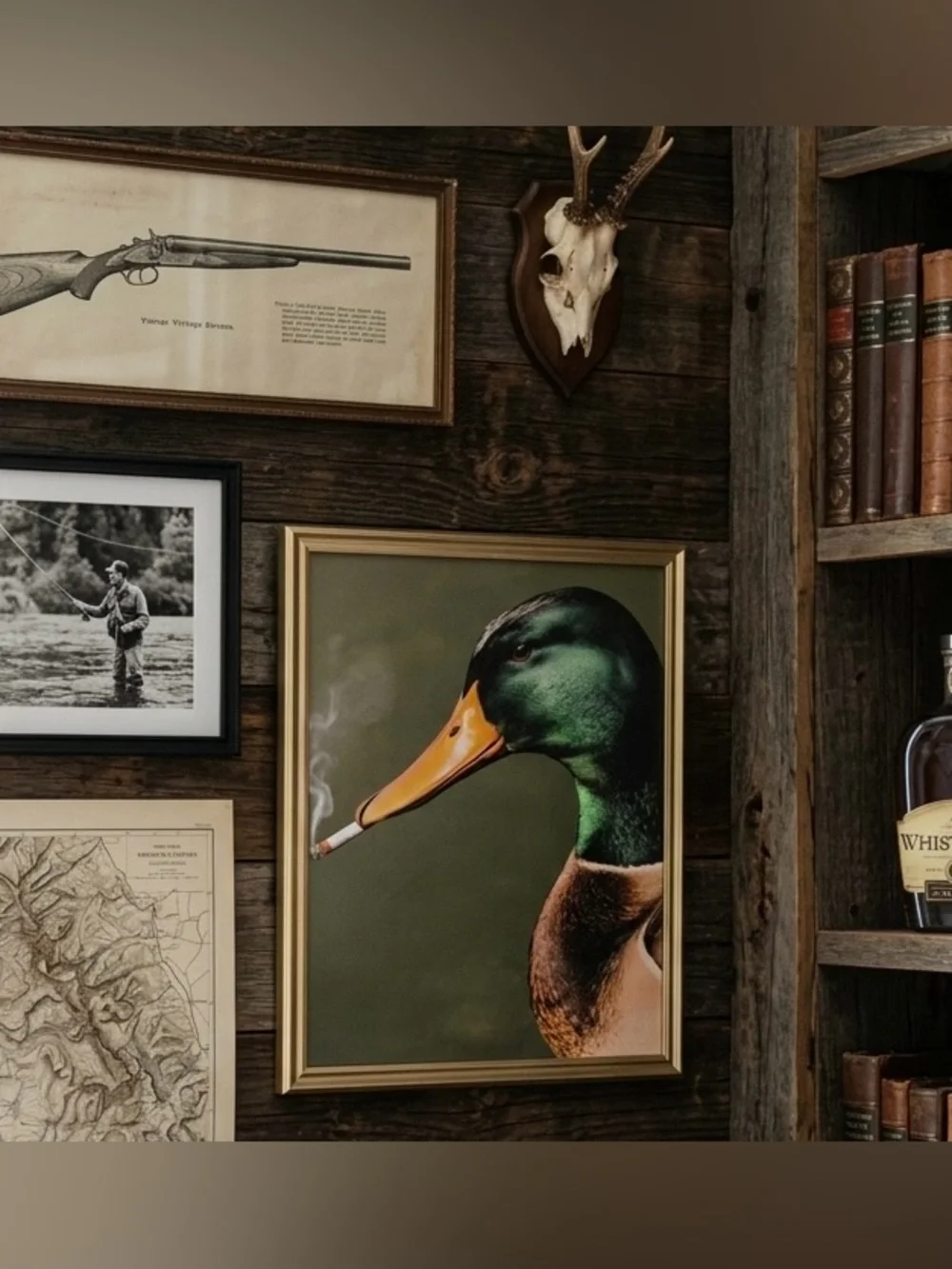Mallard Duck Smoking a Cigarette Vintage Style Bird Canvas Print Gold Framed Art